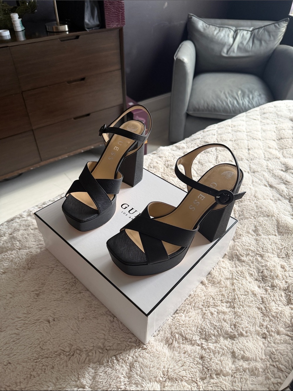 Guess Black Platform Block Heel Sandals with Ankle Strap